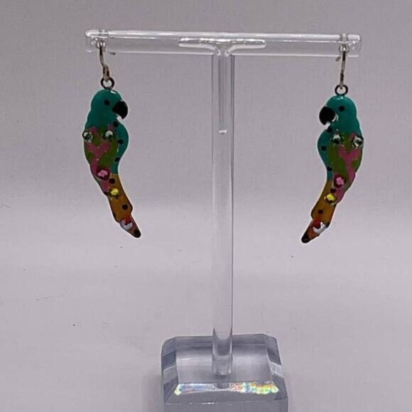 Colorful Parrot Drop Earrings With Enamel & Rhinestone Accents For Women - Picture 2 of 5
